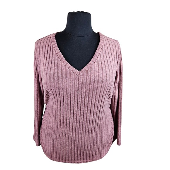 SHEIN Sweaters - Shein Curve+ Womens 5X V Neck Ribbed Knit Long Sleeve‎ Pullover Top Pink Mauve